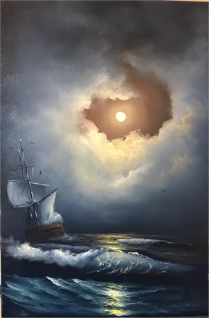Full moon and a ship under sail, oil on canvas- by the artist Dmitry Zheltov